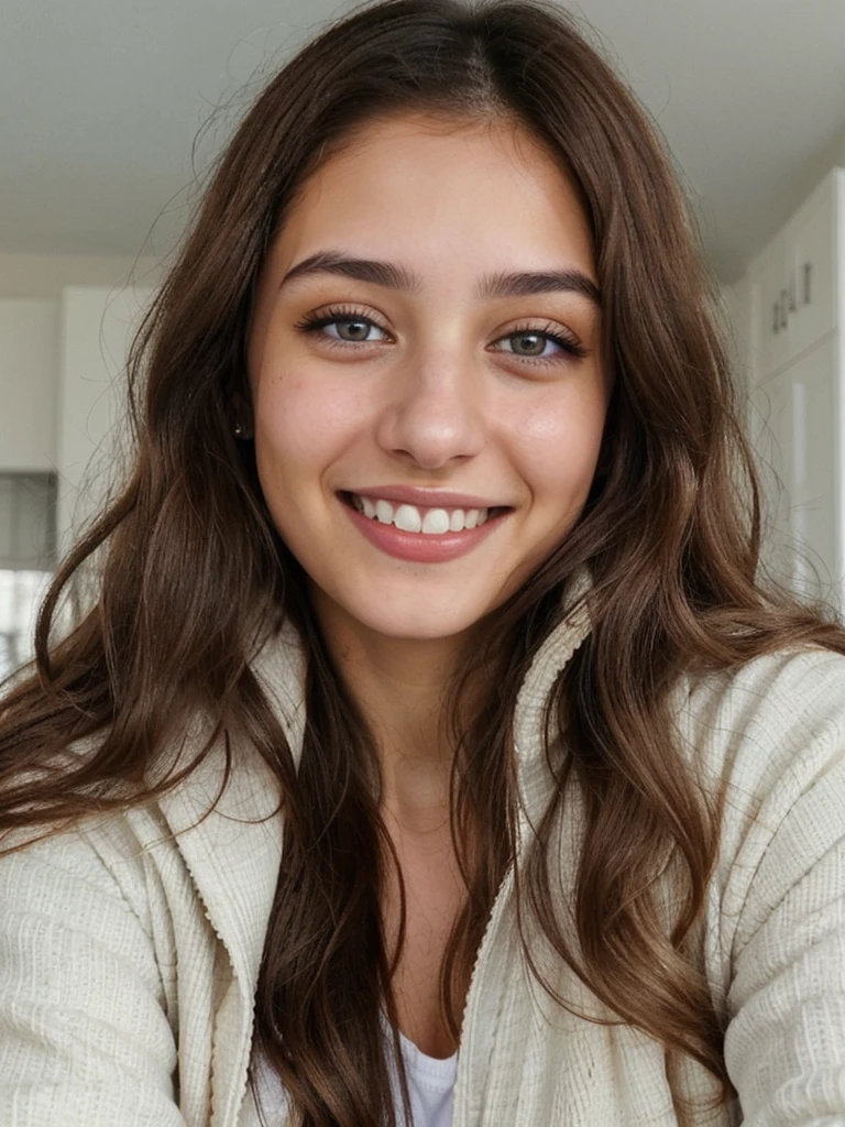 one cute women, 20YO, white, Arab, cute face, realistic brown eyes, blue jacket, brown hair, cute smile, skinny face, white realistic teethes, big eyes, long hair