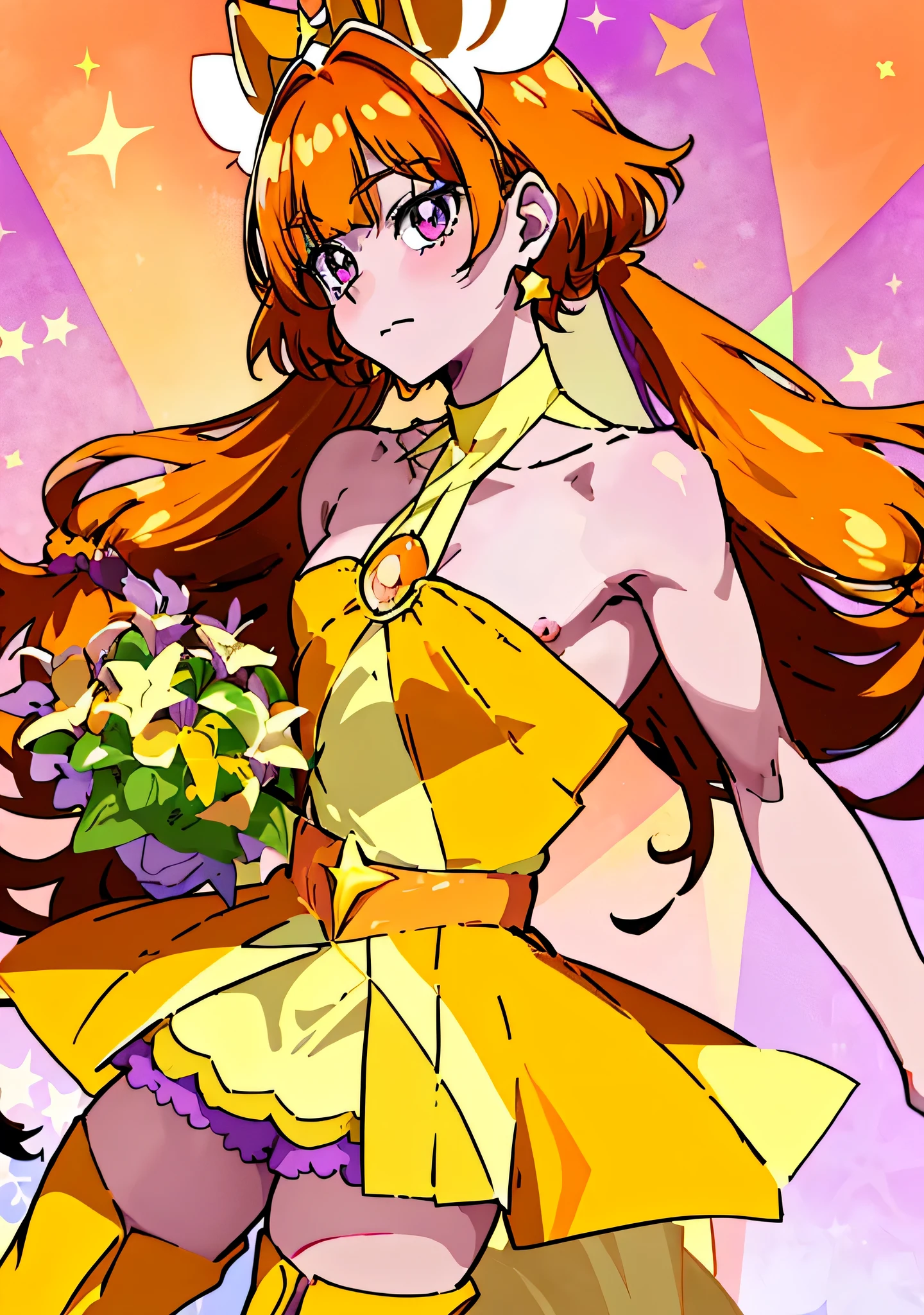 Cartoon image of a man in a dress、A boy with orange-brown half-pigtail bangs、Official Art、solo、Boy with long orange-brown two-sided updo、JewelryBrooch、Sparkling Magical Boy、Official artwork、Anime Prince、Purple eyed boy、Headquarters artwork、Muscular man、Fan art、Beautiful、Bare shoulders、Bare Arms、Bare neck circumference、Cool anime boys、Shoulderless Dress、Orange and yellow and purple costumes、Purple mini skirt with yellow ruffle layers、Pale orange thigh-high boots、Dress Up Darling Anime、Official Anime Artwork、looking at viewer、Cowboy Shot、(male body:1.3)、
