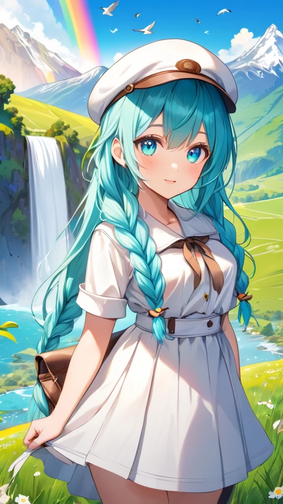 Female, woman, mature, Beautiful, Humble, Kind, long hair upper waist Stright Braided Hairstyles, Aqua blue pupil eyes colour, bright cyan Hairs, leather white wear Newsboy Cap, white dress flowing with skirt, Painting mountains with a waterfall and a rainbow, filled with many birds flying on canvas, open grassland background in the morning. Anime style, vivid colours. Real detail eyes, real eyes, real beautiful eyes.