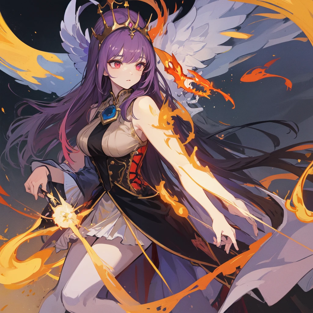 A purple-haired female general with flaming red eyes and a medieval general's outfit she is queen of heaven