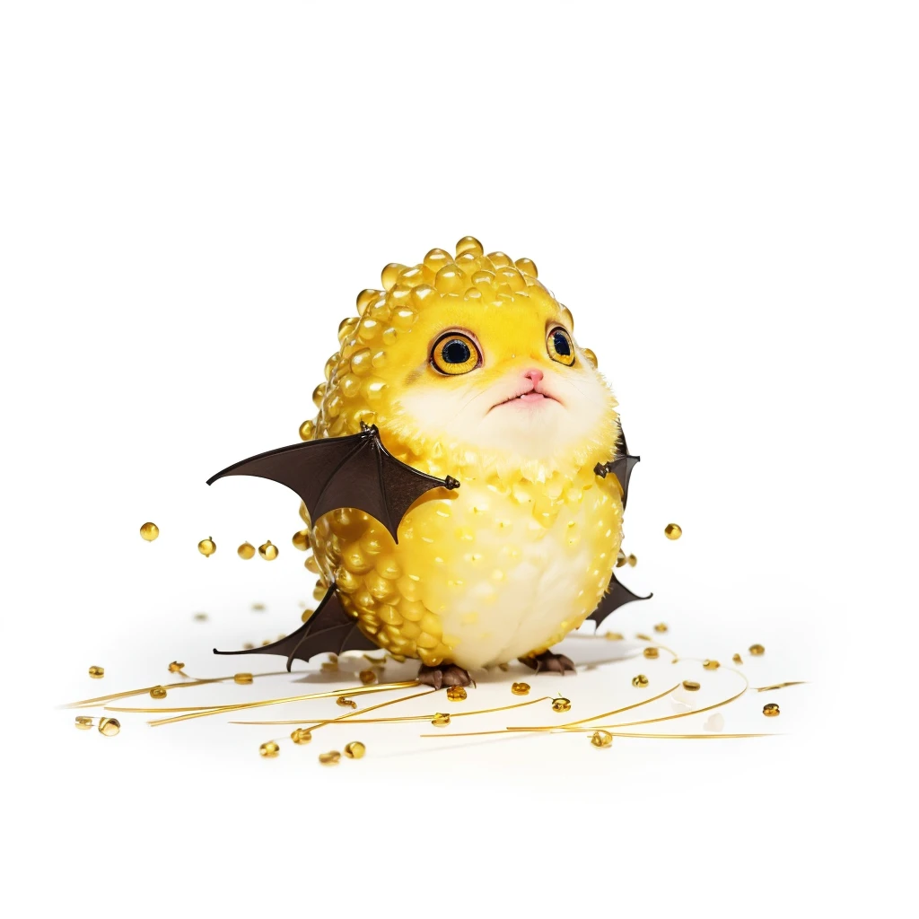 Small Animals, glow gold eyes, (his eyes gave off light), pufferfish mixed with bat, Grassroots, no background, has beard