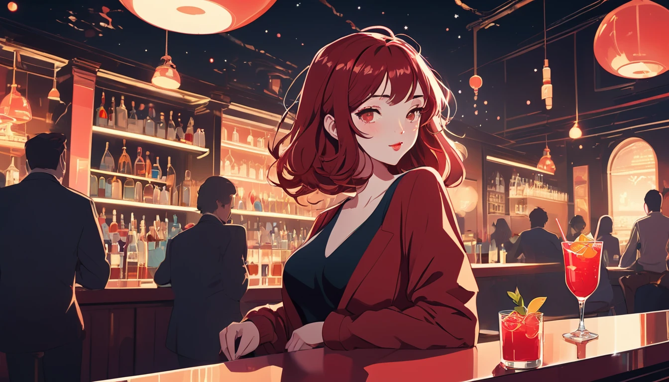 Sexy Woman,having a red cocktail at the bar, Wide-angle lens, Lofi Anime, Lofi illustration, Aesthetic atmosphere, Lo-Fi Style, Vector art, Flat Design, Simple shape, Warm tones, Pleasant atmosphere, Chill, In anime style, Digital drawing, Vector art, Vector logo for t-shirt printing, (Adorable:1.5), (small:1.4), (Playful:1.2), (soft:1.3), (Whimsical:1.1), masterpiece, Highest quality, 8k, Intricate details, grow, Celestial, Mysterious, Picturesque, amazing, Majestic, Magic, Fantasy art, Cover art, dream-like