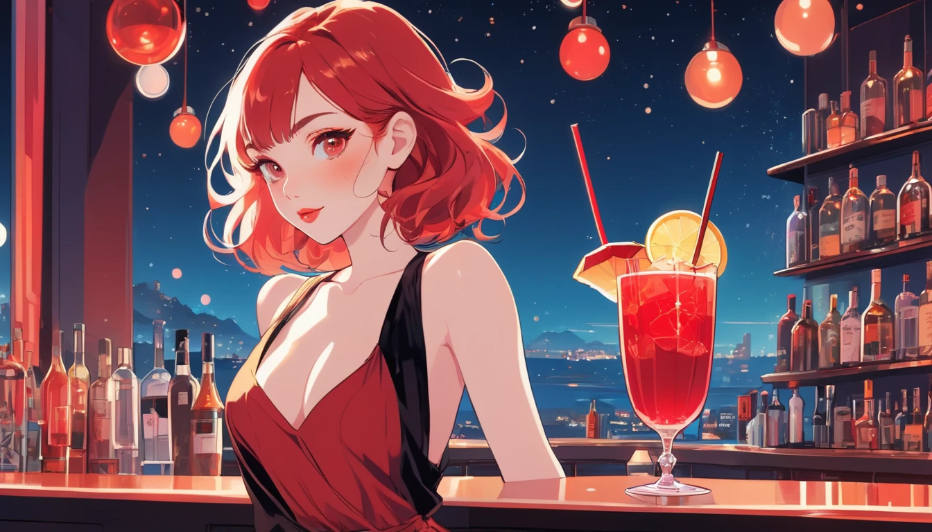 Sexy Woman,having a red cocktail at the bar, Wide-angle lens, Lofi Anime, Lofi illustration, Aesthetic atmosphere, Lo-Fi Style, Vector art, Flat Design, Simple shape, Warm tones, Pleasant atmosphere, Chill, In anime style, Digital drawing, Vector art, Vector logo for t-shirt printing, (Adorable:1.5), (small:1.4), (Playful:1.2), (soft:1.3), (Whimsical:1.1), masterpiece, Highest quality, 8k, Intricate details, grow, Celestial, Mysterious, Picturesque, amazing, Majestic, Magic, Fantasy art, Cover art, dream-like