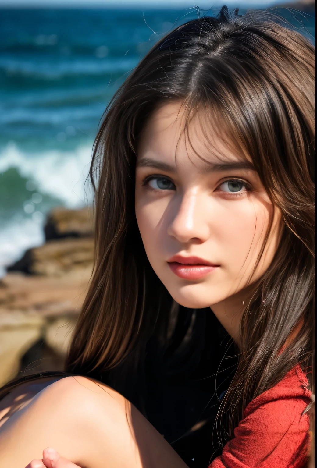 (best quality,4k,8k,highres,masterpiece:1.2),ultra-detailed,(Ultra-realistic, photorealistic,photo-realistic:1.37), 1 beautiful young Japanese Italian half model, 17yo, She's posing in a way that emphasizes her breasts, seductive pose, (sitting on coral coast in Australia:1.5), detailed eyes, high nose, blue eyes, delicate facial features, long eyelashes, peaceful expression, colorful dress, detailed folds and textures, Sparkling Waves, cool vibrant colors, cinematic lighting, 8k, high quality, photorealistic, studio lighting, detailed texture, vivid colors, toned body, detailed moist skin texture,