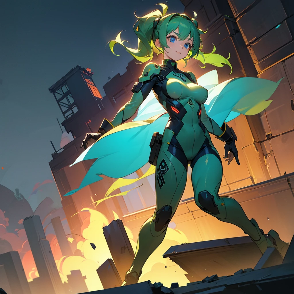 1female, young adult, big breast, finely detailed blue eyes, wild medium hair, green hair, pigtails, full body combat suits, standing on ruined building, night time, excited expression