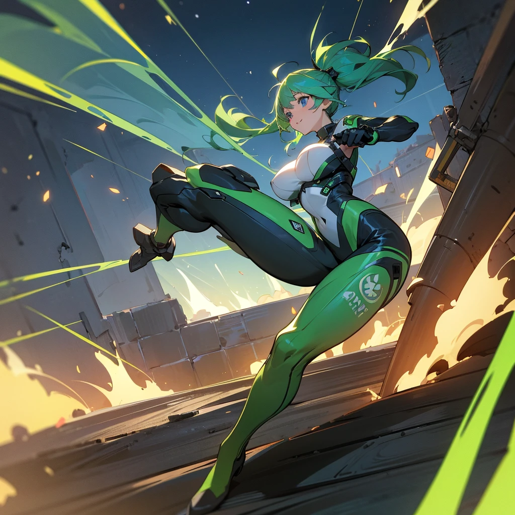 1female, young adult, big breast, finely detailed blue eyes, wild medium hair, green hair, pigtails, full body combat suits, standing on ruined building, night time, excited expression