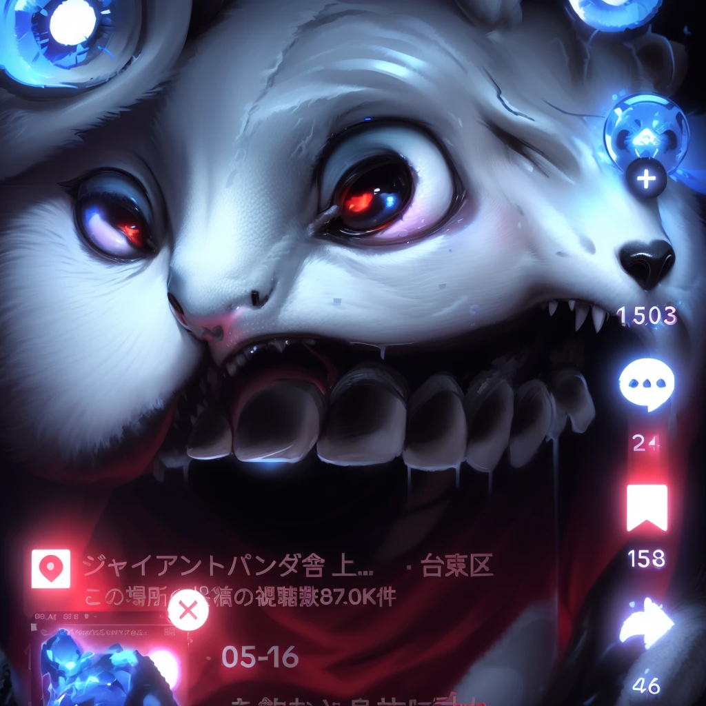 Close-up of a panda holding a fire in its mouth, Beasts, Evangelion Beast Mode, Android Jones, 🐋 as 🐘 as 🤖 as 👽 as 🐳, close!!!!!, Tick tock, Artgram Faces, studio ghibly style Monster, Advertising images, 8k!!, Monster