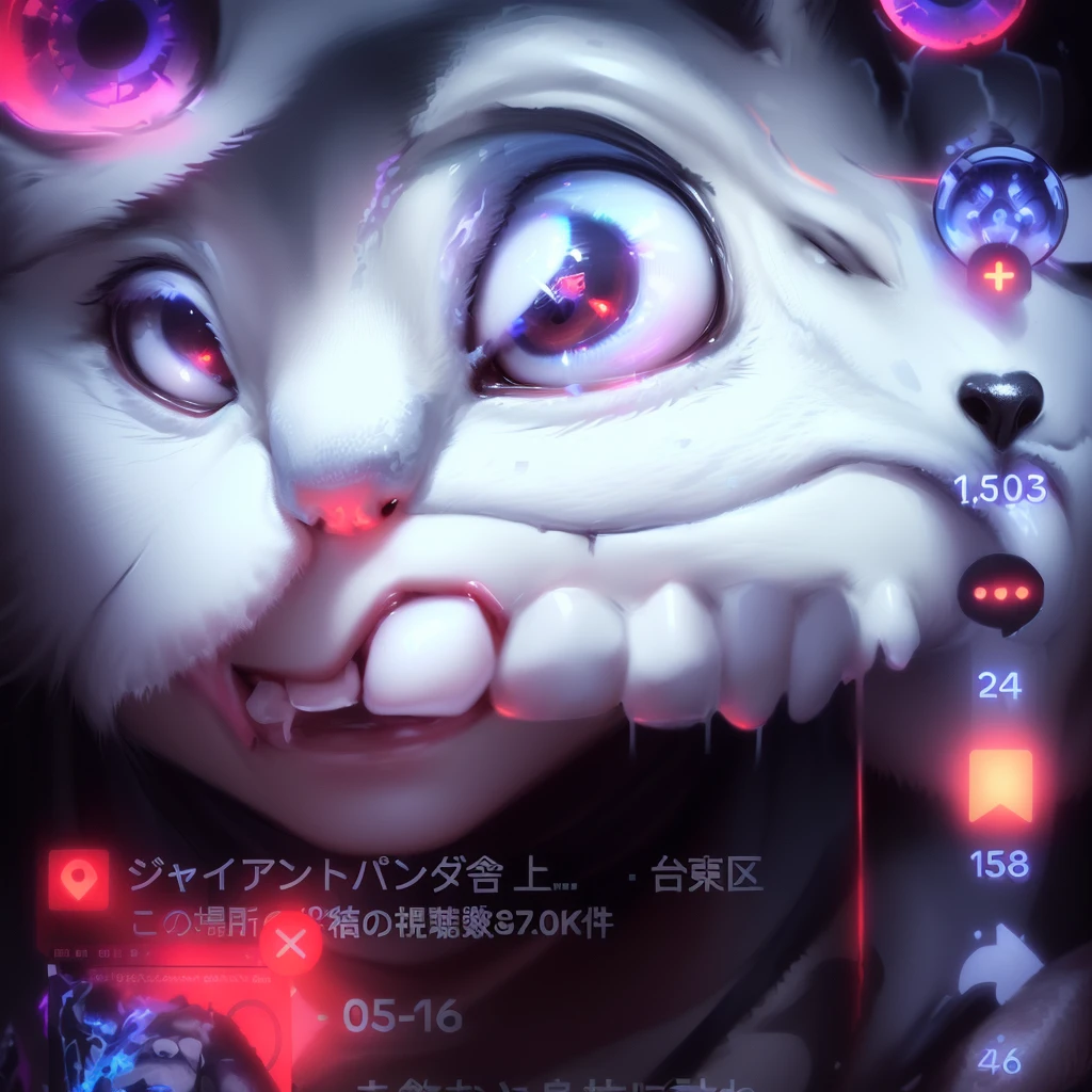 Close-up of a panda holding a fire in its mouth, Beasts, Evangelion Beast Mode, Android Jones, 🐋 as 🐘 as 🤖 as 👽 as 🐳, close!!!!!, Tick tock, Artgram Faces, studio ghibly style Monster, Advertising images, 8k!!, Monster