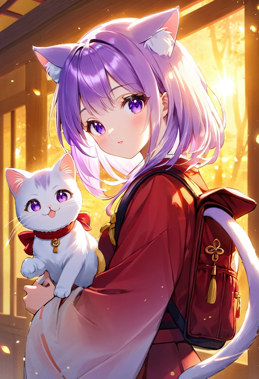 A little cat girl, beautiful detailed purple eyes, cream colored hair, Japanese , red backpack, high quality lighting, vibrant colors, soft lighting, golden hour lighting, magical realism, fantasy, anime style