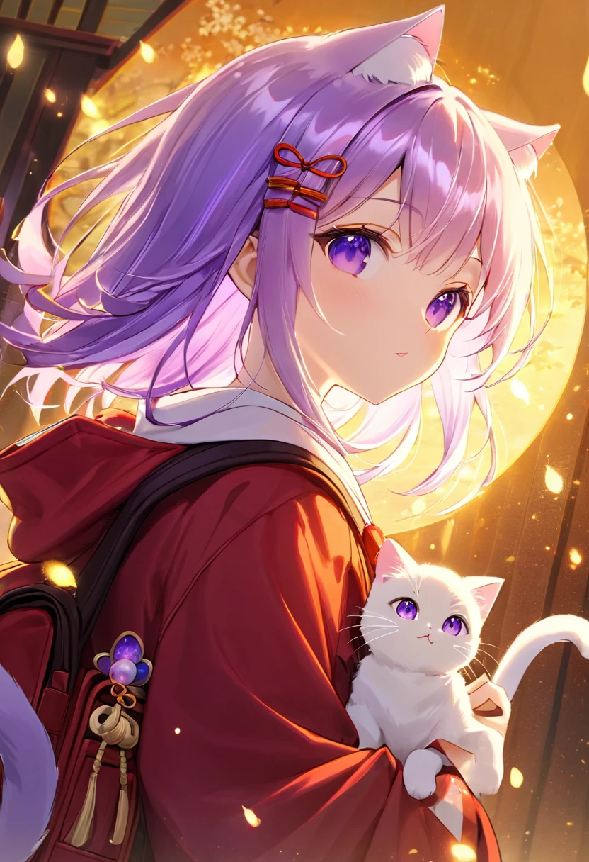 A little cat girl, beautiful detailed purple eyes, cream colored hair, Japanese , red backpack, high quality lighting, vibrant colors, soft lighting, golden hour lighting, magical realism, fantasy, anime style