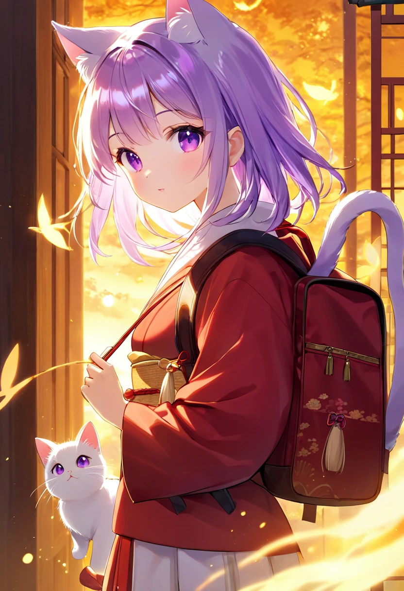 A little cat girl, beautiful detailed purple eyes, cream colored hair, Japanese , red backpack, high quality lighting, vibrant colors, soft lighting, golden hour lighting, magical realism, fantasy, anime style