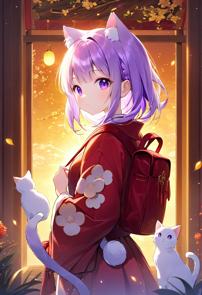 A little cat girl, beautiful detailed purple eyes, cream colored hair, Japanese , red backpack, high quality lighting, vibrant colors, soft lighting, golden hour lighting, magical realism, fantasy, anime style