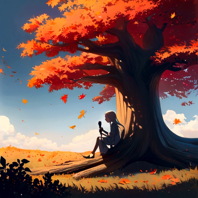 Girl sitting on a tree trunk singing into a microphone,autumn's,Fallen leaves,Light and Shadow of the Movie,Kilo