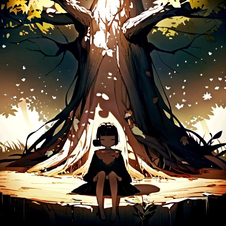Girl sitting on a tree trunk singing into a microphone,autumn's,Fallen leaves,Light and Shadow of the Movie,Kilo