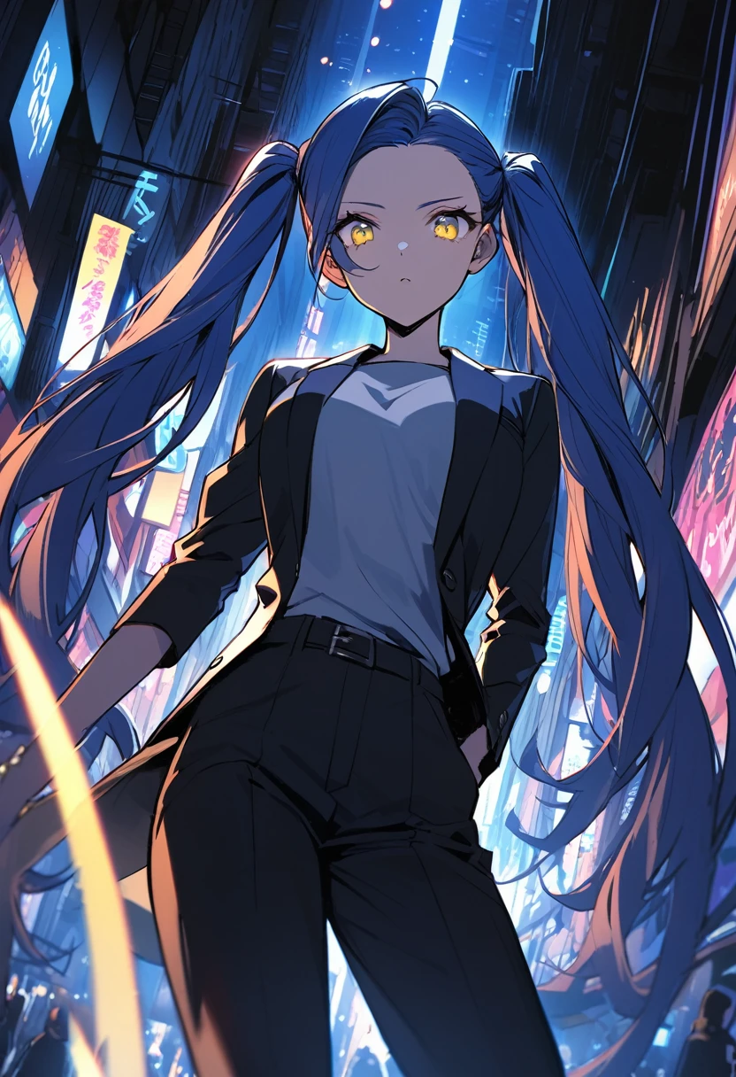 (One very tall, good looking woman,Navy Blue Hair,Her hairstyle is twin tails that expose her forehead., yellow eyes,Medium chest,Dynamic Angle Tall)Thick Black1Color ,Black trousers,The background is the busy Shibuya area at night,One-handed spear