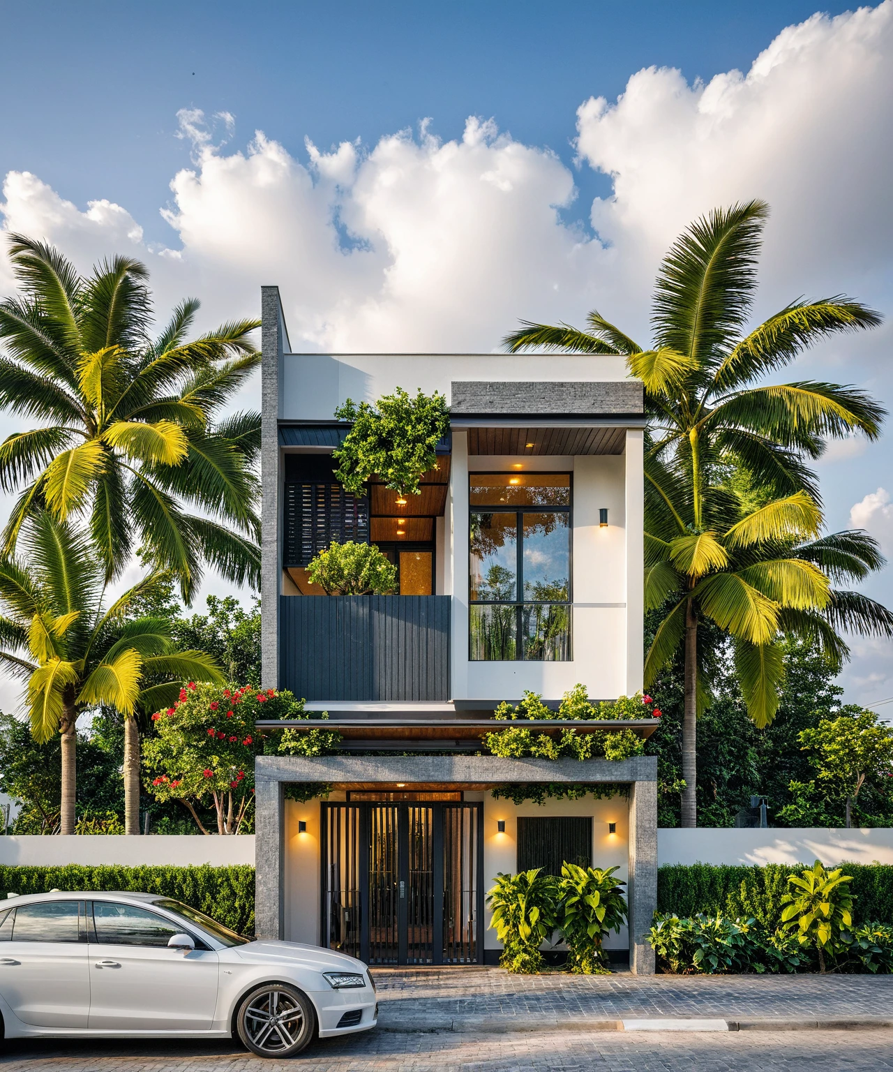 Masterpiece, high quality, best quality, authentic, super detailed, outdoor, aiaigroup, modern townhouse style, stairs, white wall combined with conwood, wind encaustic tiles, iron gate, conwood ceiling, flowers, path, summer evening, grass, trees, sky, clouds, (daylight: 1.1)