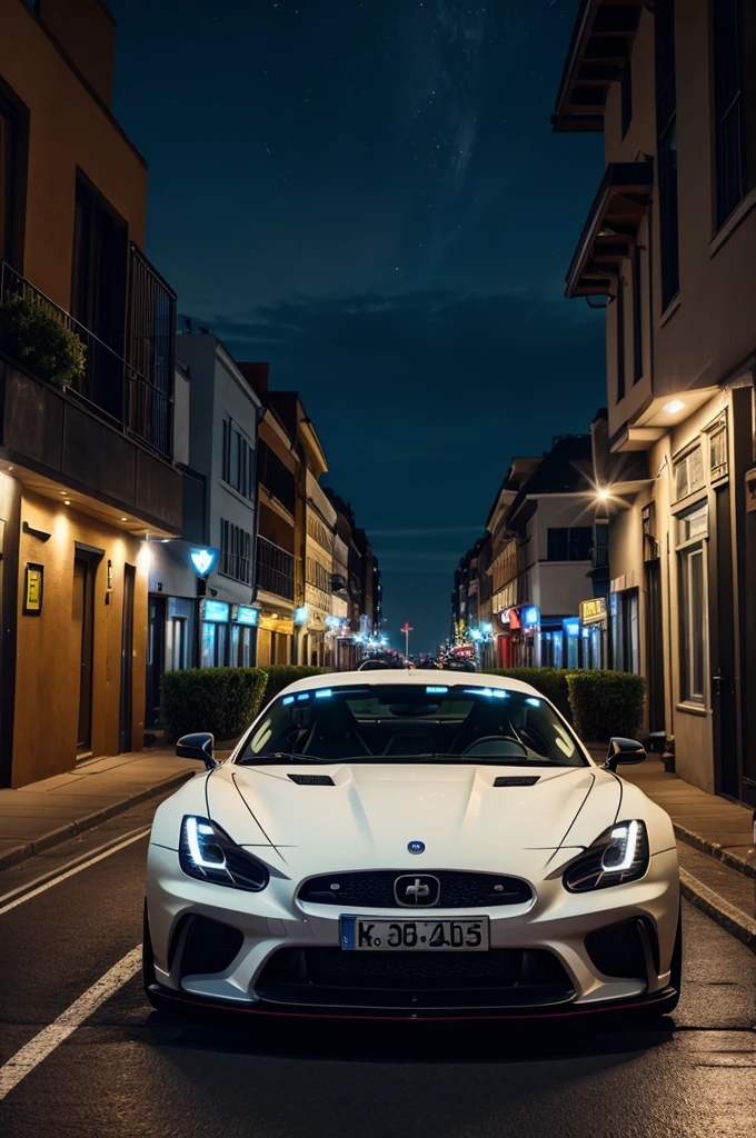 Create a city with sports cars at night with various light
