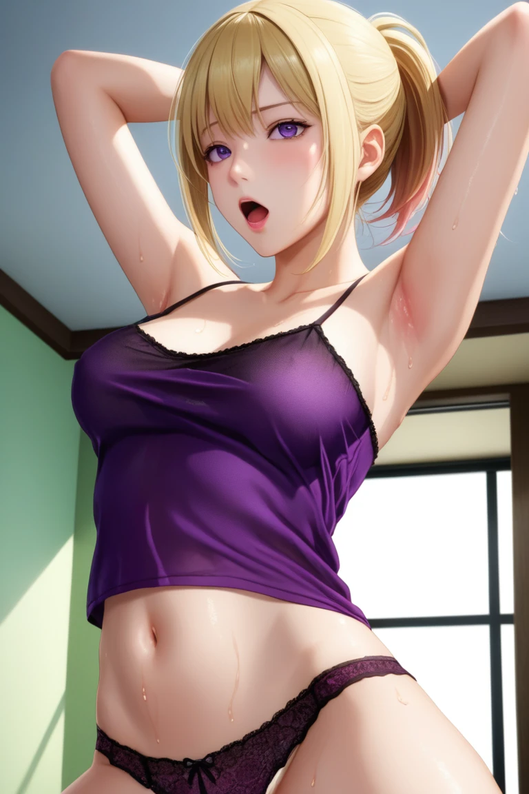 ((breasts showing), score_9, score_8_up, score_7_up, source_anime, rating_safe, , (realistic:0.6), , depth of field, 1girl, solo, sachi_umino, blonde ponytail hair, purple eyes, short hair, bangs, hair between eyes, close-up, apartment, indoors, dark, standing, spread legs, open mouth, horny faces, orgasm, ahegao, camisole, navel, she is hot and very swearty, wet body ,half naked, pussy, arms behind head, armpits, sweaty armpits, sex, 1 boy grab her breasts  , cum in pussy, , open legs, nsfw:1.5, , cum on body, from behind, kissing,  sex from behind, vaginal