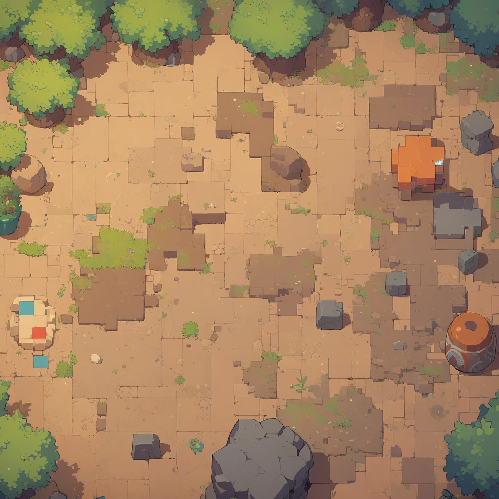 retro video game style,pixelated graphics,vibrant colors,8-bit characters,blocky shapes,sharp lines,detailed shading,classic gaming vibe,nostalgic atmosphere,classic arcade games,masterpiece:1.2,ultra-detailed,illustration style, 2d texture, clay texture, stone texture, 4 k seamless mud texture, video game texture, dirt texture, clay material, flat texture, grass, trees, rock texture, rocky ground, forest, topdown view, game texture, background art, ground very detailed, dirt, floor texture, tileable texture, flowers, bushes, shrubs, intricate ground stone, top down view, 3/4th perspective