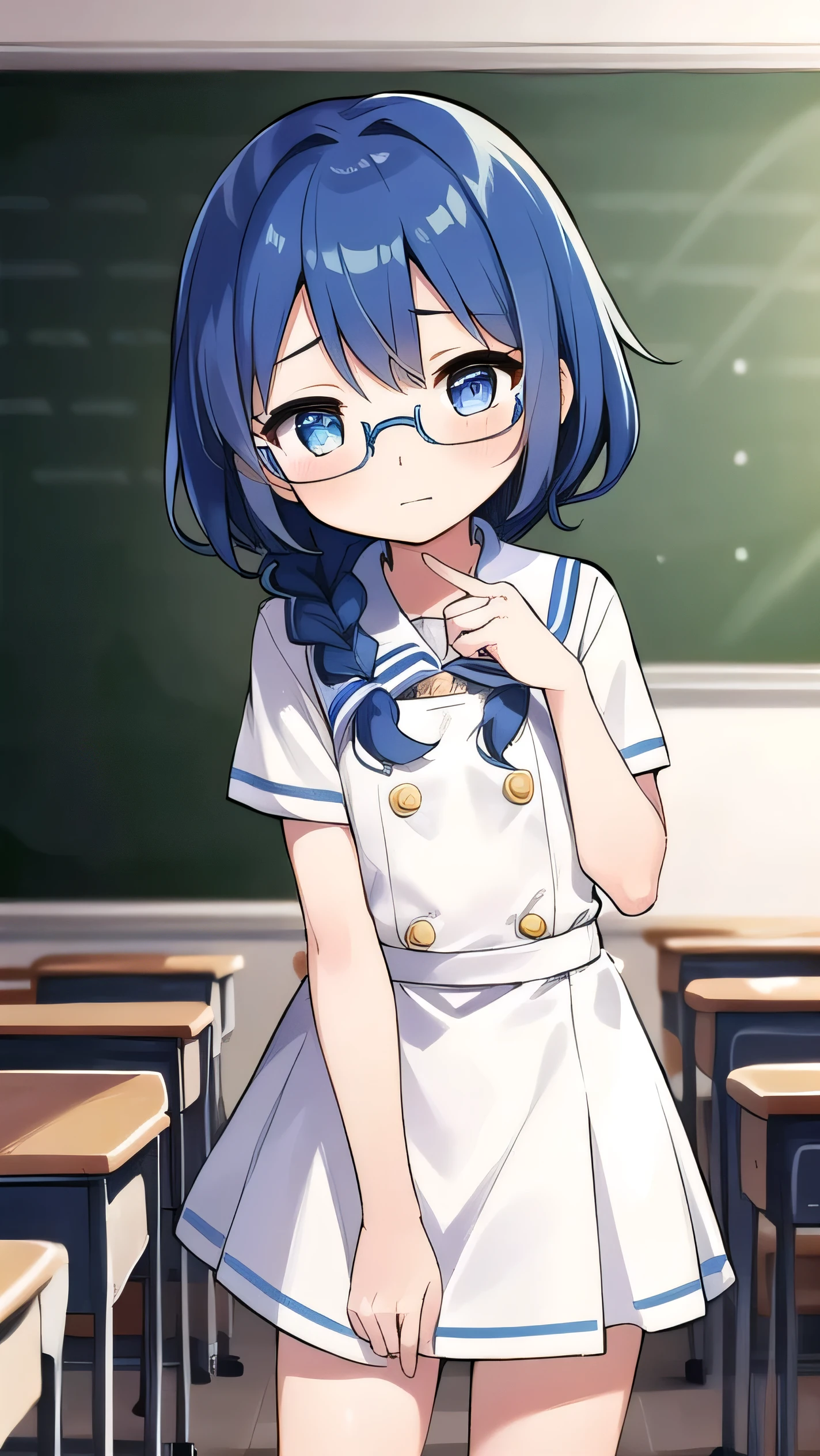 small breasted girl, short, elementary school student, blue hair, single braid, blue eyes, round eyes, shy, shy, classroom, short, young face, short height, , glasses with no edges,flat chest,