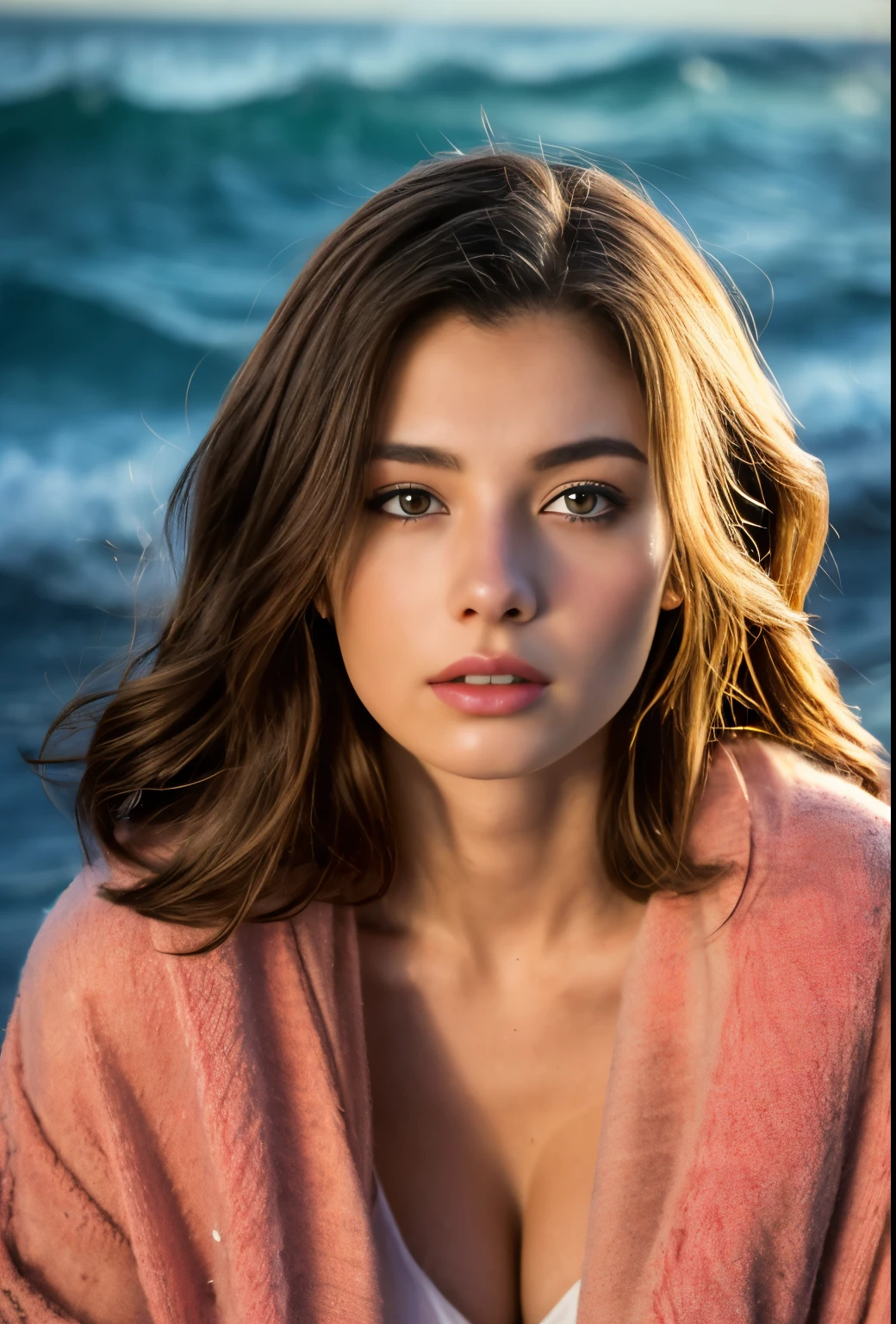 (best quality,4k,8k,highres,masterpiece:1.2),ultra-detailed,(Ultra-realistic, photorealistic,photo-realistic:1.37), 1 beautiful young Japanese Italian half model, yo, She's posing in a way that emphasizes her breasts, seductive pose, (sitting on coral coast in Australia:1.5), detailed eyes, high nose, blue eyes, delicate facial features, long eyelashes, peaceful expression, colorful dress, detailed folds and textures, Sparkling Waves, cool vibrant colors, cinematic lighting, 8k, high quality, photorealistic, studio lighting, detailed texture, vivid colors, toned body, detailed moist skin texture,