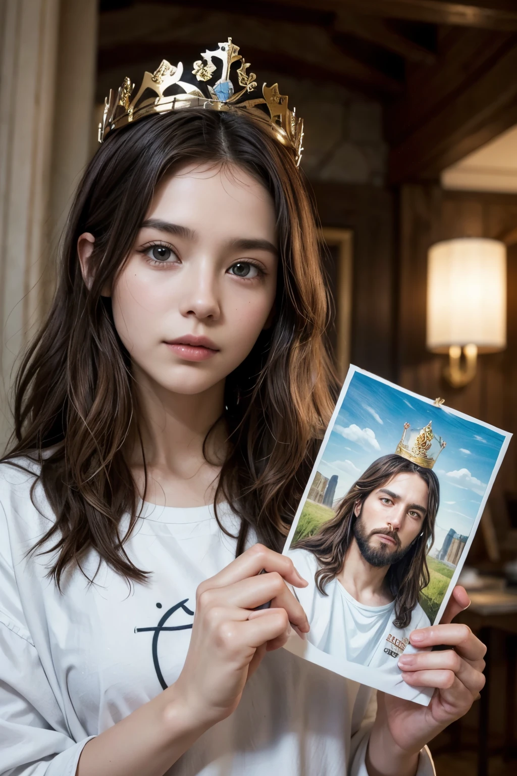 Make an image of a  holding a picture that they have just painted and on it has the image of Jesus Christ with a shiny crown,



