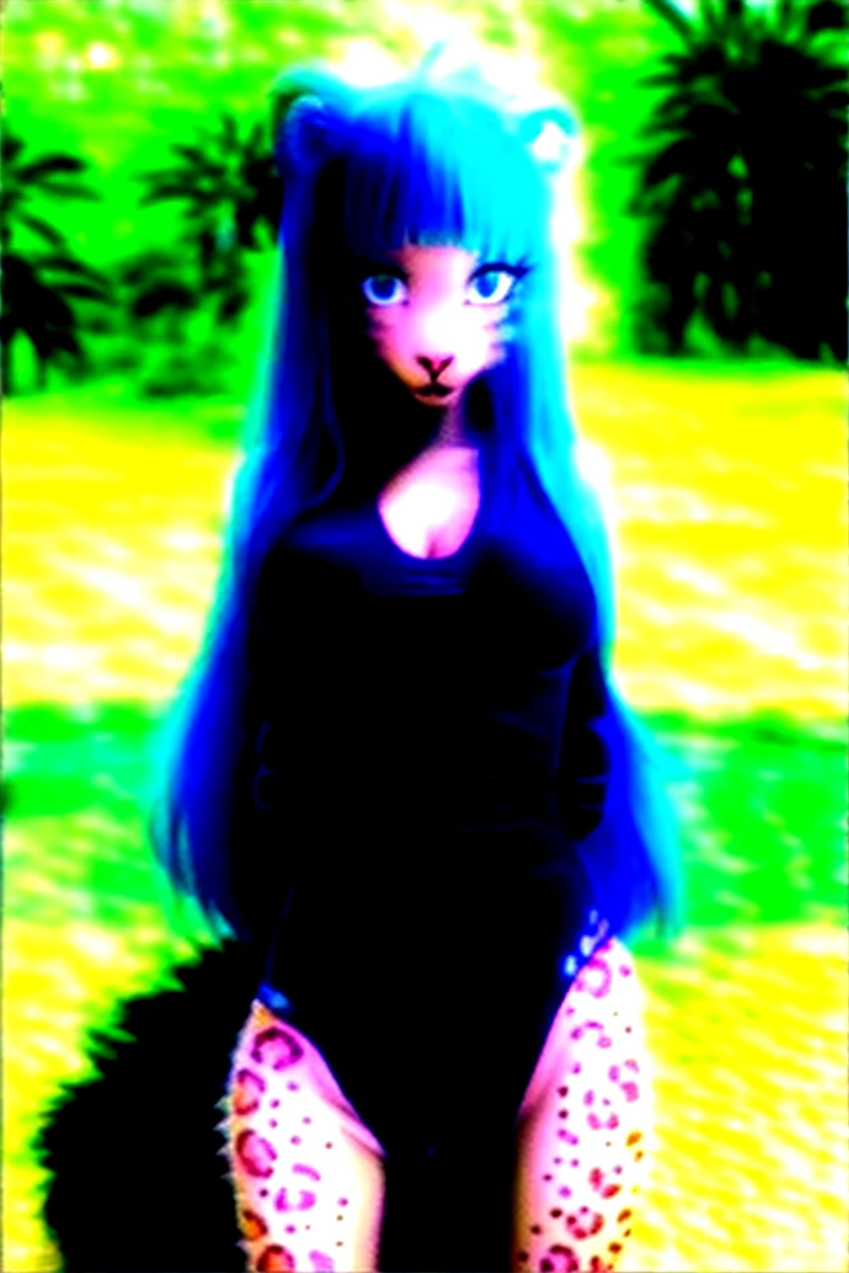 remarkably real image of an (fluffy (leopard) felid female) wearing a blue one-piece swimsuit, swimwear, cameltoe, medium breasts, cleavage, solo, teal eyes, eye whites, long eyelashes, embarrassed, open mouth, looking at viwer, half-length portrait, outside, concrete, pool, palm tree, grass, (light blue hair, long bangs, sidelocks. hime cute, long hair), [|inspired by wamudraws, inspired by zackary911, inspired by roksim|], standing, hands behind back, tail, (real, realistic, realistic fur, detailed background:1.25)