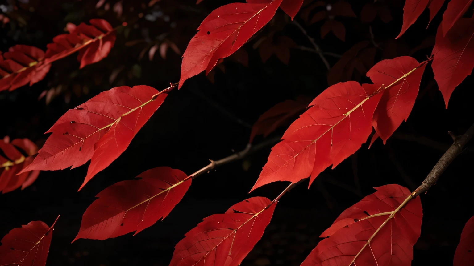 Abstract red black leaves background. Composition of vivid red leaves entangled in dark branches, creating a striking visual contrast on a subdued backdrop