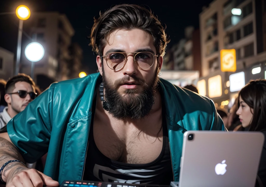 Homem, com barba, Dj de 28 anos, usando fone de ouvido grande, oculos grandes, colocando som em uma festa rave, ultrarealista