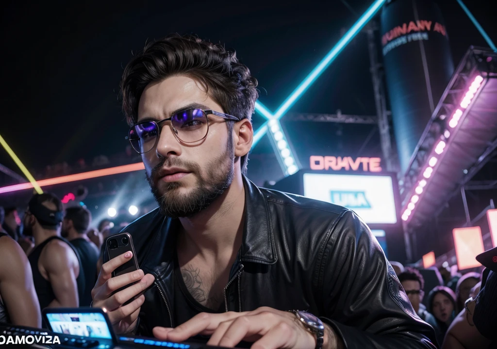 Homem, com barba, Dj de 28 anos, usando fone de ouvido grande, oculos grandes, colocando som em uma festa rave, ultrarealista