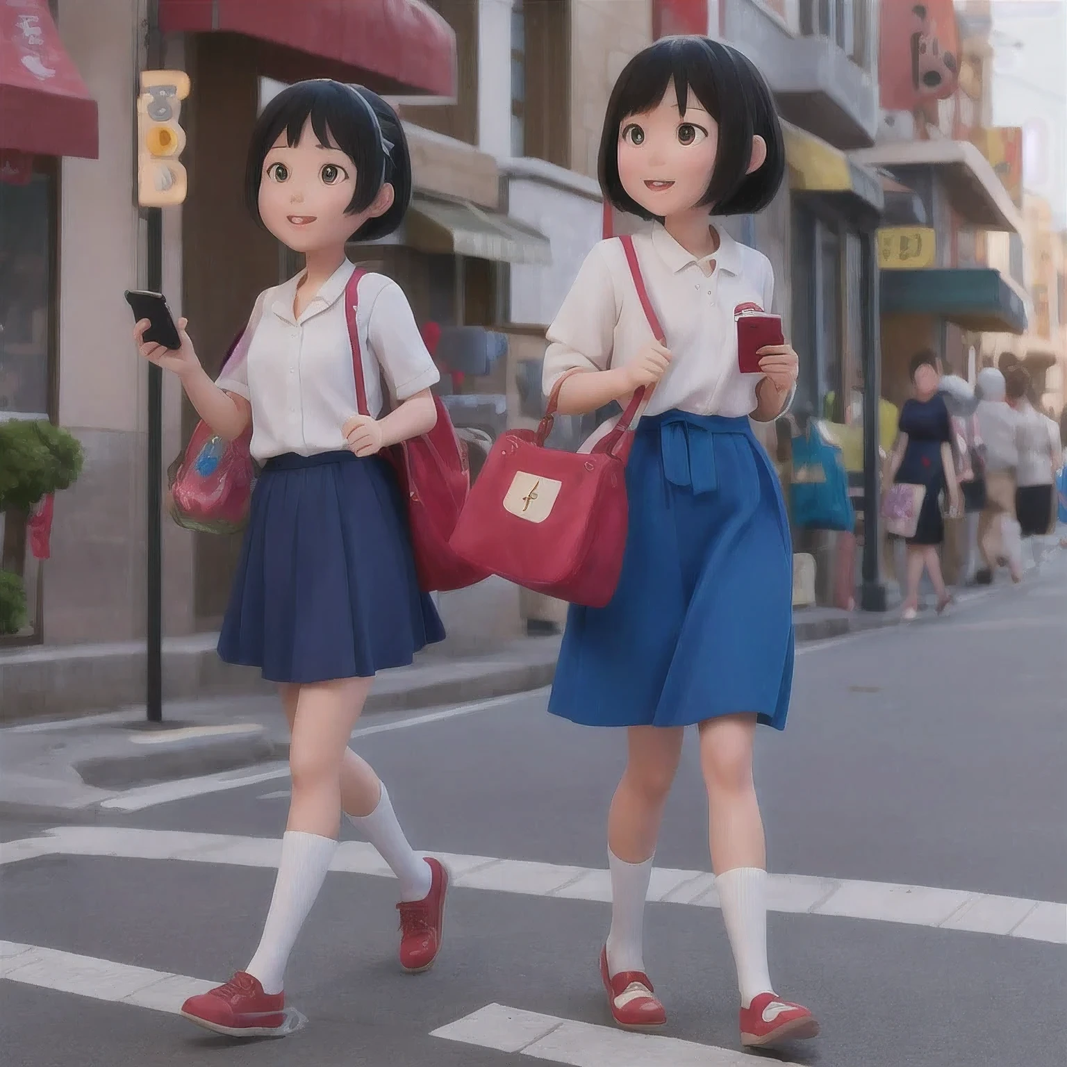 araffe girl walking down the street with a cell phone in her hand, chiho, harumi, nanae kawahara, sui ishida, yasumoto oka, kinu nishimura, junko enoshima, kiyoko suzuki, rinko kawaichi, aoi ogata, nishihara isao, shiori teshirogi(masterpiece, best quality:1.2), 1girl, solo,there is a woman that is smiling and looking at the camera, chiho ashima, with short hair, joy ang, close-up portrait film still, yun ling, inspired by Li Mei-shu, sui ishida with black hair, screenshot from a movie, inspired by Ma Yuanyu, inspired by Li Fangying, movie screencap