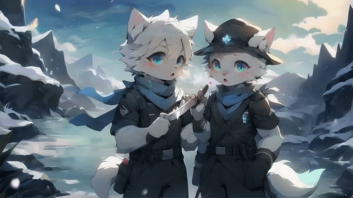 a male werewolf wearing black combat uniform, blue scarf, grey-white fur, sky blue eyes, in a snowy mountain landscape, holding a knife in each hand, wolf ears, fluffy fur, wolf tail, snowing