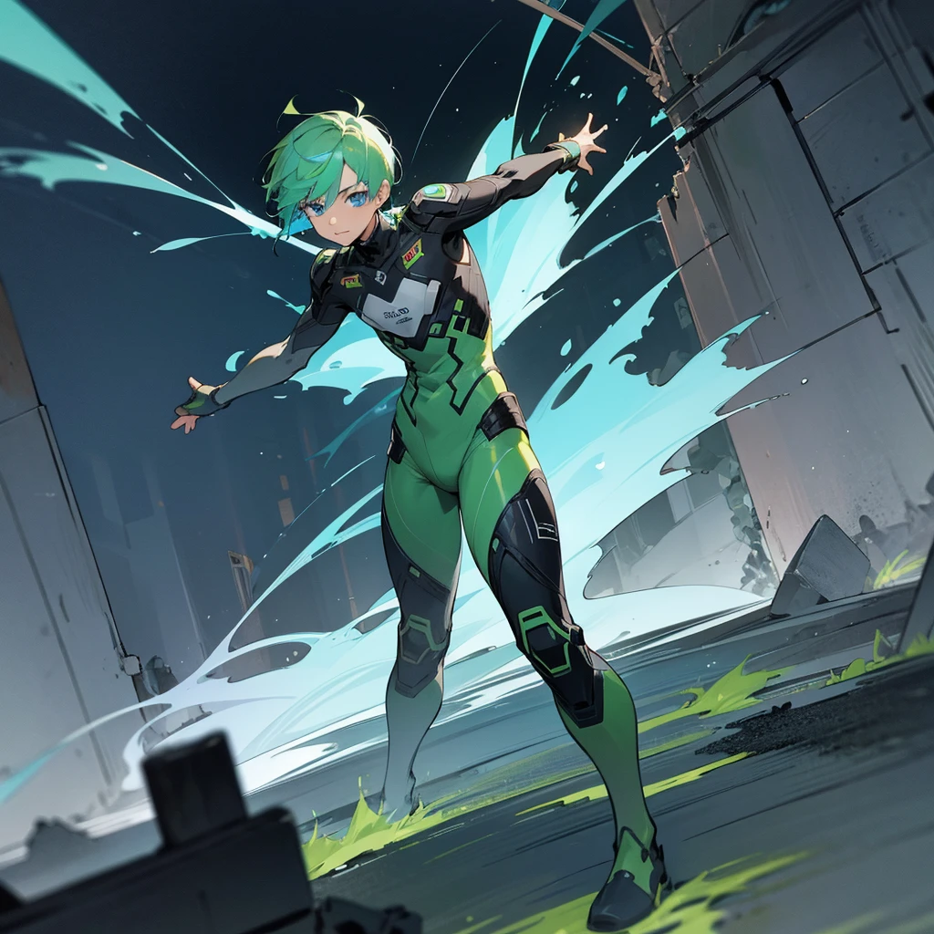 1male, young adult, finely detailed blue eyes, wild short hair, green hair, buzz cutt, full body combat suits, standing on ruined building, night time, excited expression