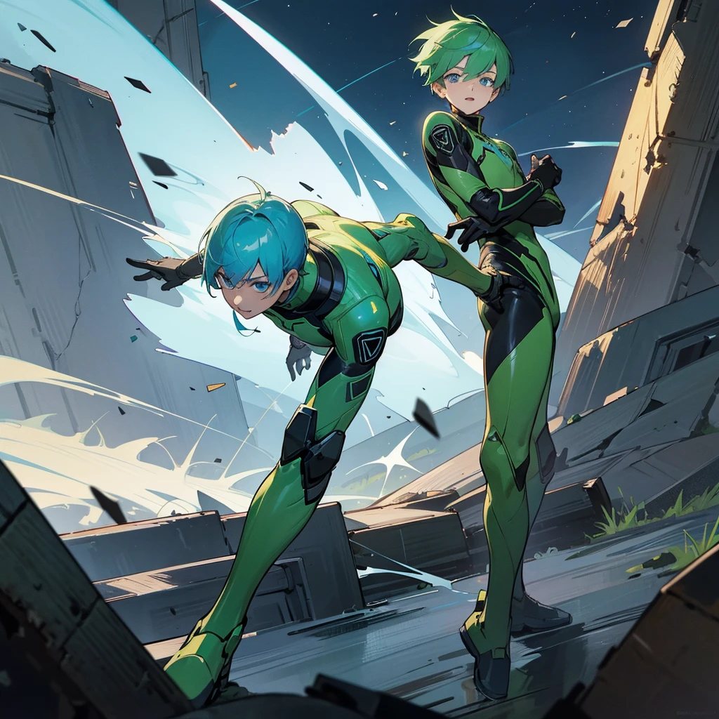 1male, young adult, finely detailed blue eyes, wild short hair, green hair, buzz cutt, full body combat suits, standing on ruined building, night time, excited expression