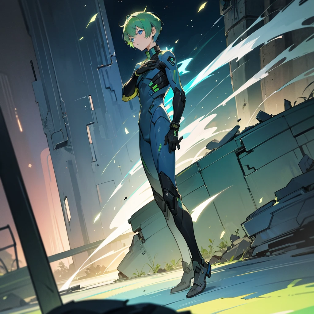 1male, young adult, finely detailed blue eyes, wild short hair, green hair, buzz cutt, full body combat suits, standing on ruined building, night time, excited expression