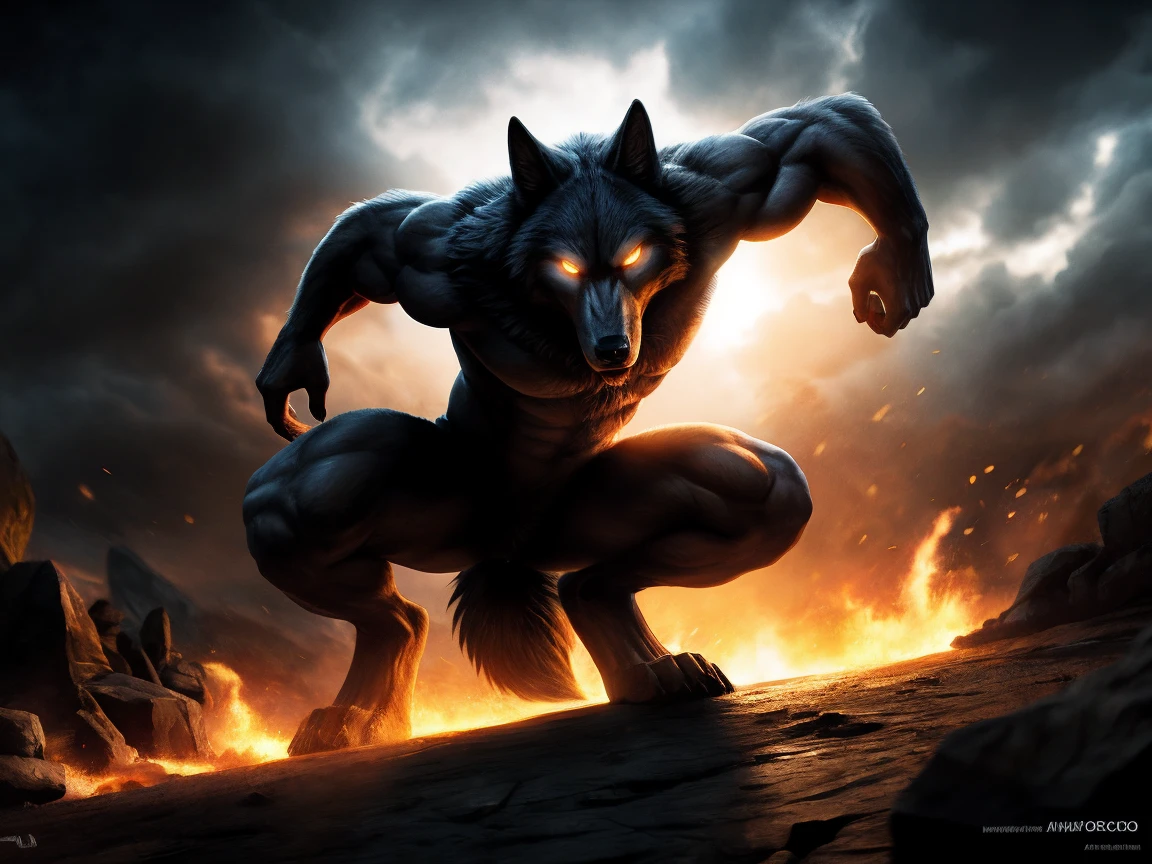 a furry wolf-like humanoid creature, detailed anatomy, highly detailed, hyper realistic, photorealistic, detailed muscles, dynamic pose, dramatic lighting, cinematic, epic, masterpiece, 8k, ultra-detailed, award winning, professional, cinematic, chiaroscuro lighting, dramatic shadows, warm color palette, glowing eyes, sharp focus, intricate details, powerful, visceral, moody, atmospheric