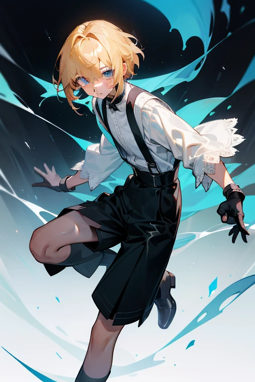 A teenager,Short flaxen hair,blue color eyes,Bangs cover one eye,Wear a white shirt,The cuffs have long lace trims,longer sleeves,Wearing black shorts,Wear suspenders and leather shoes,He wears black half-palm gloves on his hands,full bodyesbian,