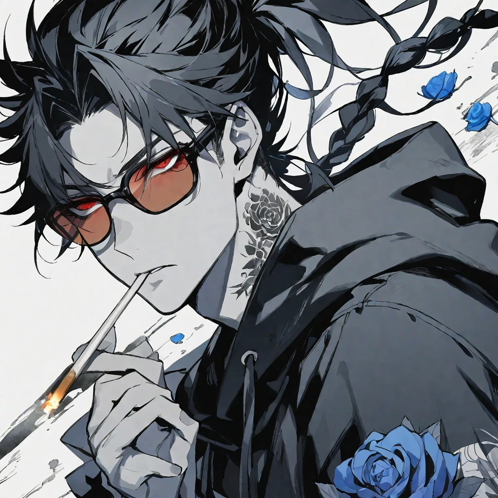 solo, handsome, Monochrome,watercolor,1 male, Ponytail, Braided black hair, red eyes, Gojo Satoru,casual,Blue Rose Tattoo,black Oversized hoodie,casual,Stylish,cool,sunglasses,cigarette,
blackbackground,icon,Despise face up