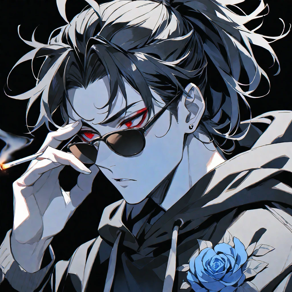 solo, handsome, Monochrome,watercolor,1 male, Ponytail, Braided black hair, red eyes, Gojo Satoru,casual,Blue Rose Tattoo,black Oversized hoodie,casual,Stylish,cool,sunglasses,cigarette,
blackbackground,icon,Despise face up