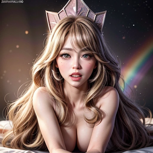 NSFW, 8k, High-level, absurd, masterpiece, best quality, primitive, very detailed CG, very detailed wallpaper, perfect lighting, Extremely detailed ((( personifying " Farrah Fawcett Majors " as a ))), MysticSight, Tyndall effect, Tyndall scattering, (Studio gray background with (Overflowing oodles Dazzling RainbowColorParticles (BokeH))), (RoundlyButts, ThighGap), (Exposed:0.4), (Assfocus with looking ahead) BREAK  (Acutance:0.88), (NOGIZAKA face variations) Extremely Detailed very KAWAII face variations, perfect anatomy, Childish, CaptivatingGaze ElaboratePupils detailed Eyes with (sparkling highlights:1.28), (Voluminous LongEyelashes、GlossyRED Lips with beautiful details, RosyCheeks, Radiant PearlSkin with Transparency . { (Dynamic LifeLike expressions:1.4) | :d) }, (large eyes:-1) .