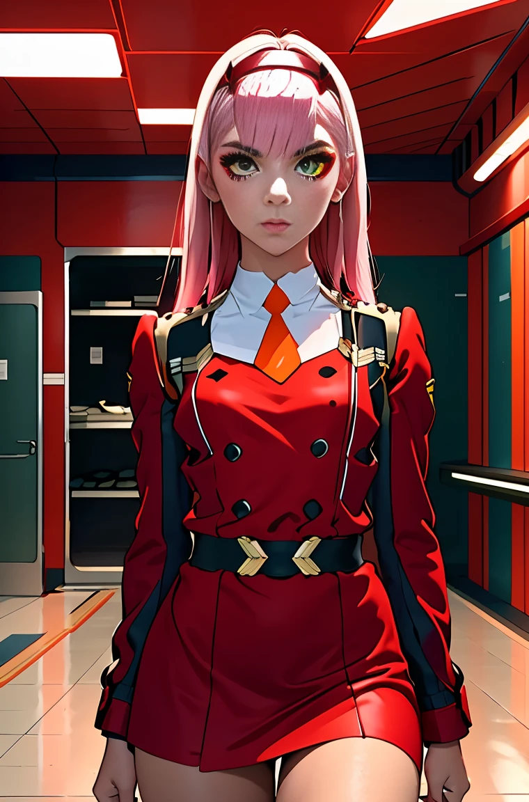 Zero-Two, Long straight and shiny pink hair, small white tiara with two small red horns, ((white tiara)), straight bangs cover the forehead, green eyes, mascara makeup, eyeshadow makeup, red military uniform with gold metal details on the shoulders, small story black with gold metal detail on the double buckle, white collar with small orange tie, six black buttons, three on each side on the front of the uniform, long red sleeves with black detail, , ((red skirt)), red skirt on top in black tight pants, inside a futuristic room with white neon lighting, teenagers in the background.