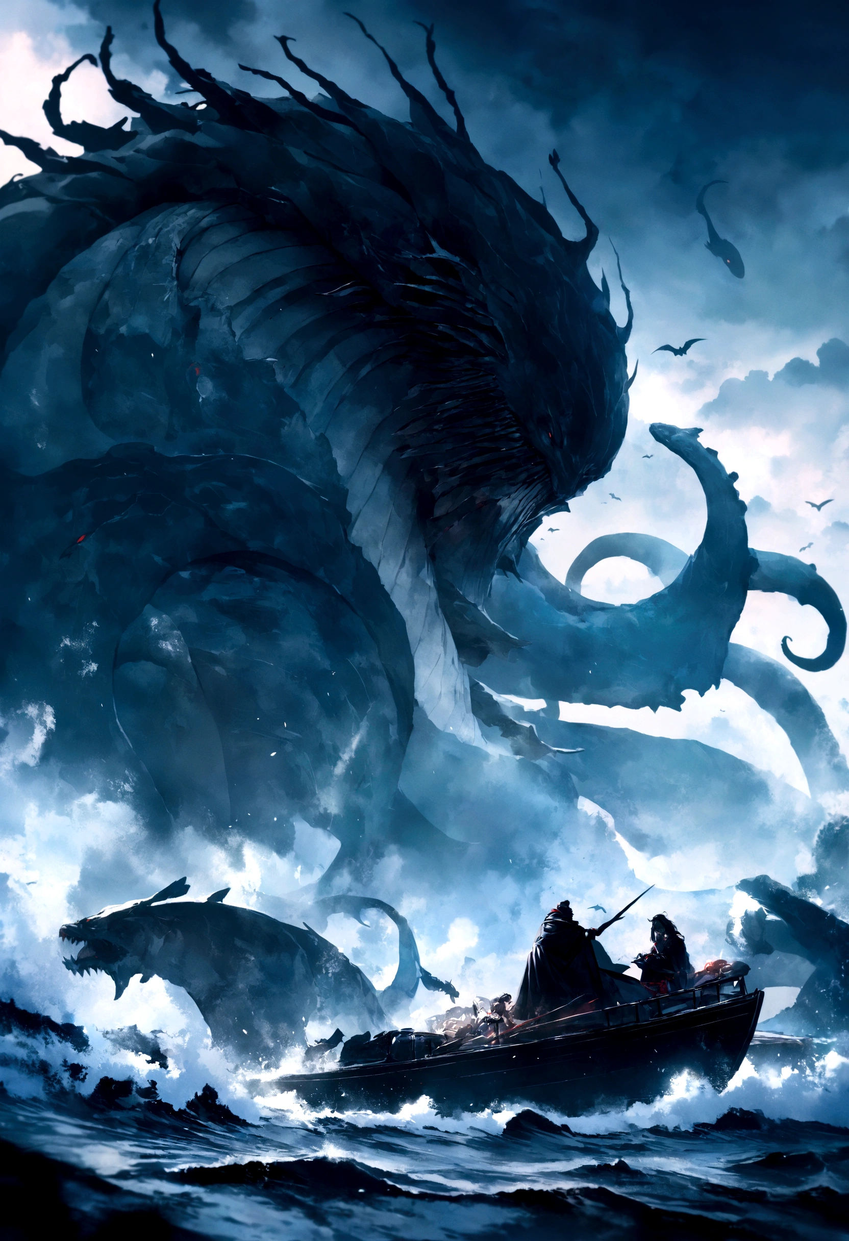 8K, Super detail, ccurate, Best quality, Masterpiece, Super detail, High details, High quality, Best quality, A high resolution
,nigth,darkly,raiden,Cthulhu,Monster,Fish,tentaculata,The whole body is the eyeball,Black seawater,Recife,swell sea