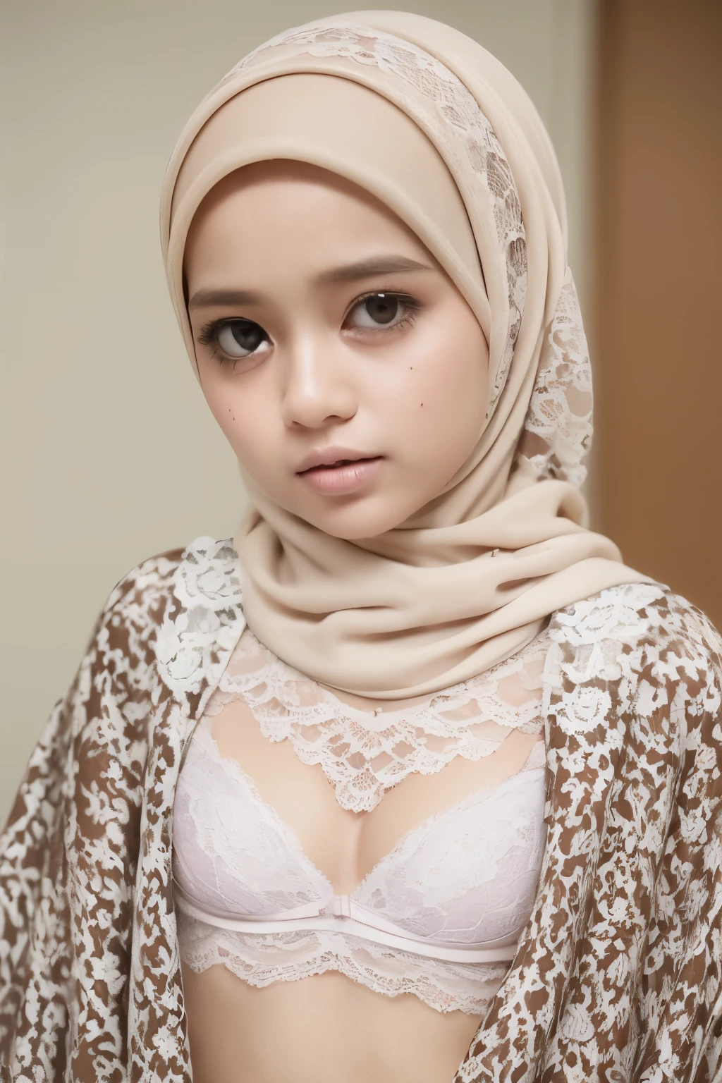 ((SLEEPING BEAUTY)), ((EYES WIDE )), ((OPEN BIG HUGE EYES)), ((FULL LACE)), Very Thin body (Wearing Bra Lingerie), (((HIJAB MALAY GIRL))), masutepiece, High quality, UHD 32K, Realistic face, Realistic skin feeling , A Malay Lady, 8 , , Very cute and baby-like face, (((FLAT CHEST))), (MATRIX WORLD), ((look In front  at the camera and SADNESS)), ((())), (((CUTE GIRL))), ((CHOCOLATE MILK LIPS)), ((BROWN)), (naked undress). WEAR BRA LINGERIE, purple, lace