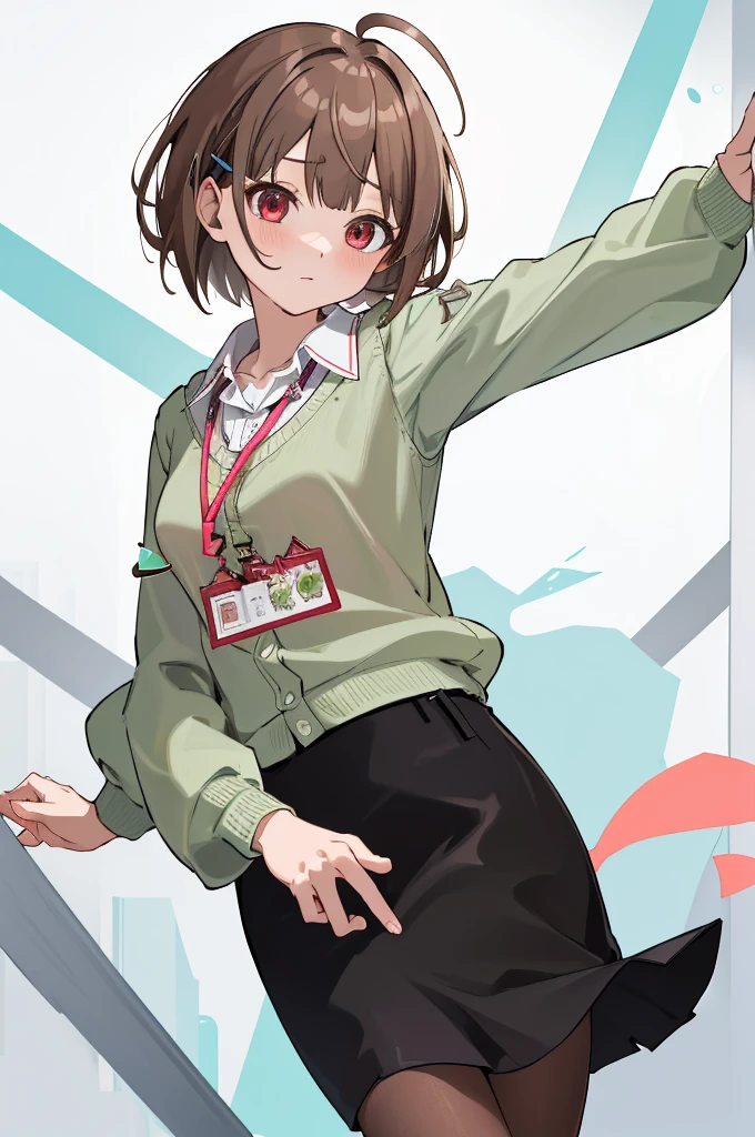 masterpiece, best quality, highres, nodoka1, 1girl, solo, pantyhose, brown hair, lanyard, black skirt, short hair, ahoge, red eyes, bangs, hair ornament, white shirt, collared shirt, long sleeves, hairclip, green cardigan, dress shirt, cowboy shot, office,(((lift skirt)))