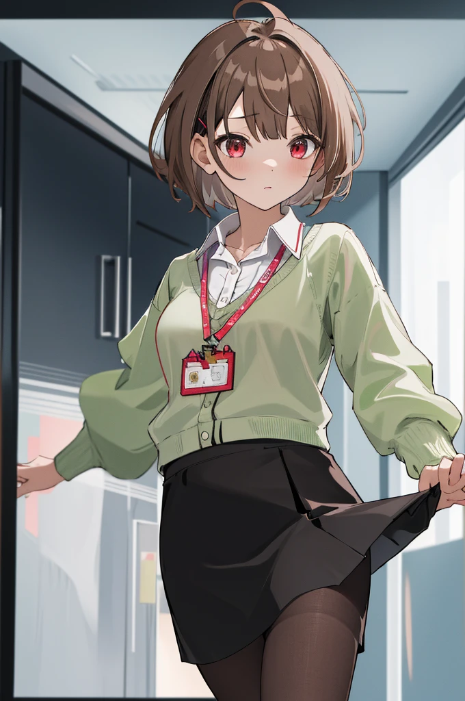 masterpiece, best quality, highres, nodoka1, 1girl, solo, pantyhose, brown hair, lanyard, black skirt, short hair, ahoge, red eyes, bangs, hair ornament, white shirt, collared shirt, long sleeves, hairclip, green cardigan, dress shirt, cowboy shot, office,(((lift skirt)))