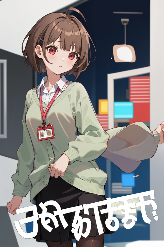 masterpiece, best quality, highres, nodoka1, 1girl, solo, pantyhose, brown hair, lanyard, black skirt, short hair, ahoge, red eyes, bangs, hair ornament, white shirt, collared shirt, long sleeves, hairclip, green cardigan, dress shirt, cowboy shot, office,(((lift skirt)))