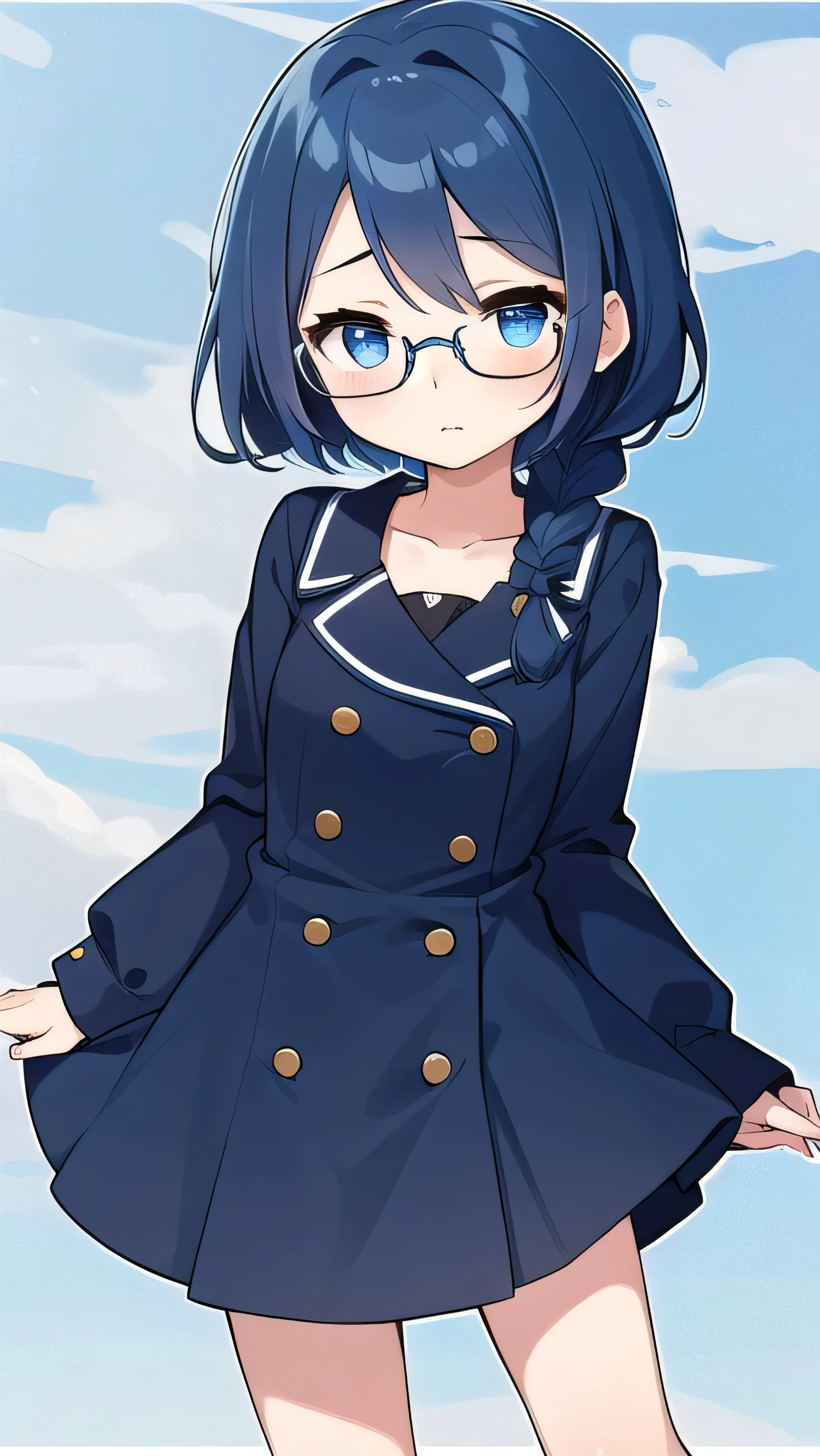 small breasted girl, short, 12 years old, blue hair, single braid, blue eyes, round eyes, shy, shy, , short, young face, short height, , glasses with no edges,flat chest,