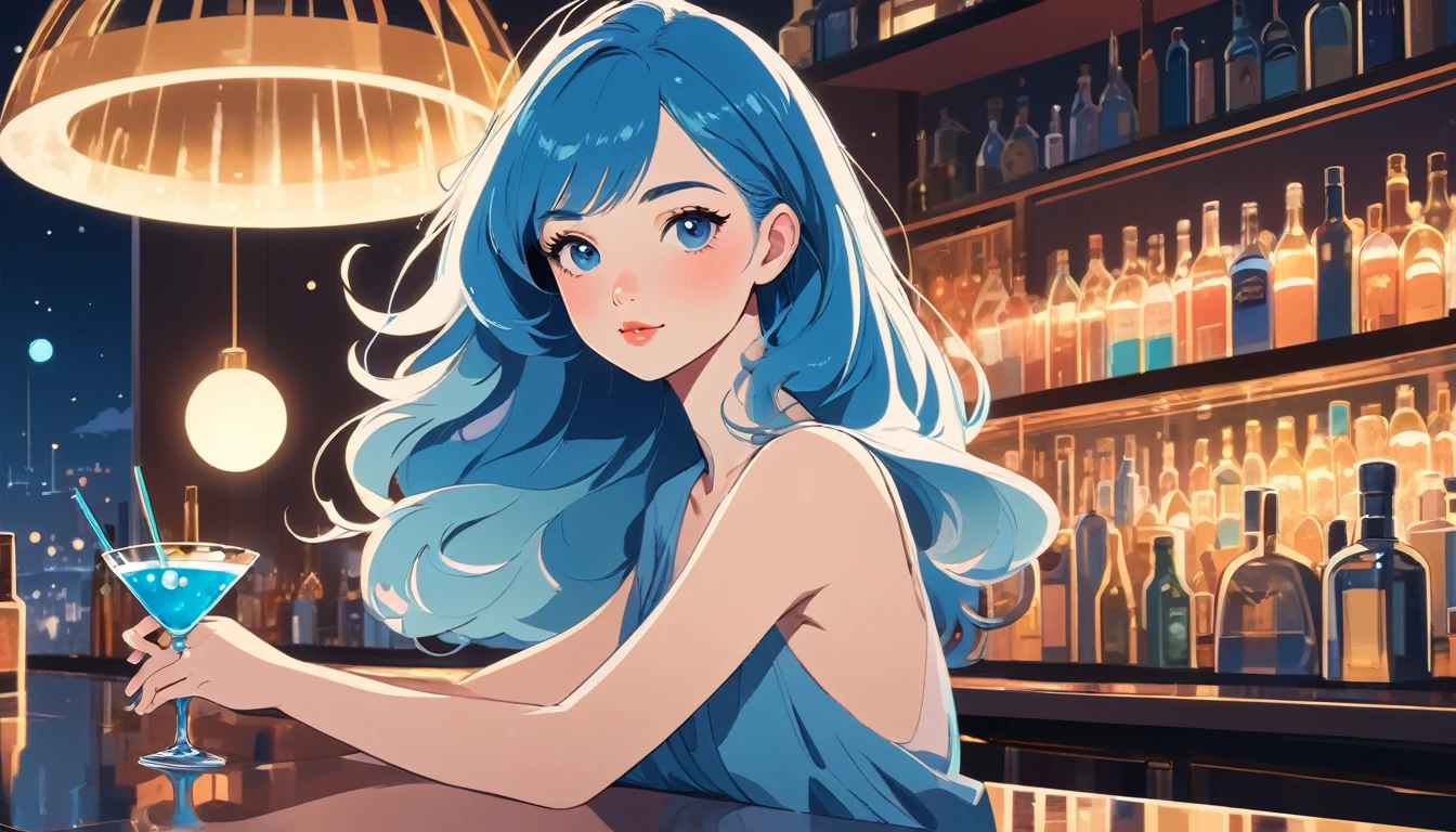 Beautiful woman,having a blue cocktail at the bar, Wide-angle lens, Lofi Anime, Lofi illustration, Aesthetic atmosphere, Lo-Fi Style, Vector art, Flat Design, Simple shape, Warm tones, Pleasant atmosphere, Chill, In anime style, Digital drawing, Vector art, Vector logo for t-shirt printing, (Adorable:1.5), (small:1.4), (Playful:1.2), (soft:1.3), (Whimsical:1.1), masterpiece, Highest quality, 8k, Intricate details, grow, Celestial, Mysterious, Picturesque, amazing, Majestic, Magic, Fantasy art, Cover art, dream-like