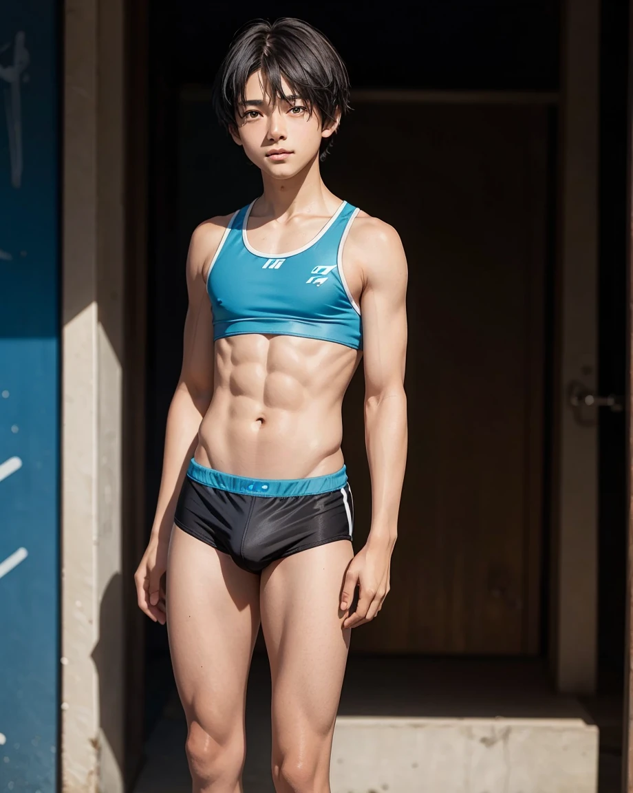 Young 13-year-old boy with black hair and brown eyes, innocent and happy, dressed in short neon-blue speedo, bare feet, fullbody; short hair, boyish athletic, sexy, abs