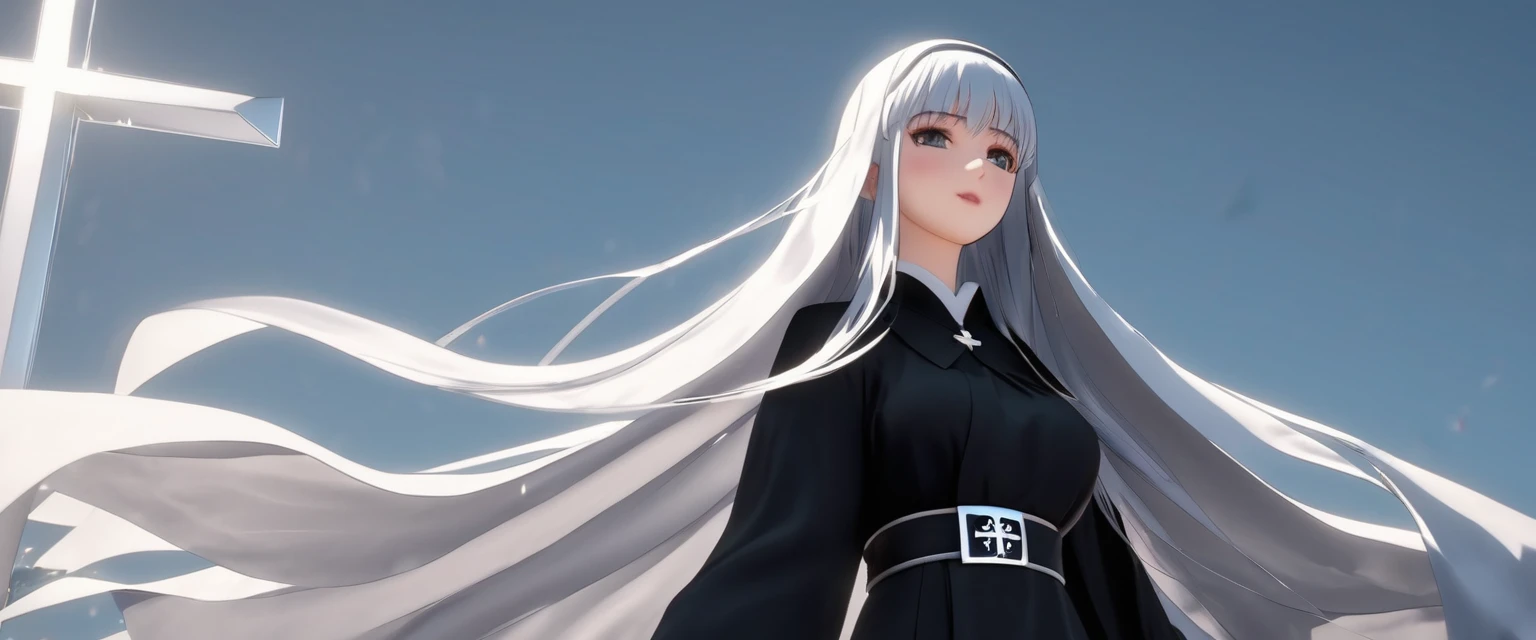 Character (white long hair) (lots of accessories and exaggerated silver jewelry) (nun manga-style clothing) (character in dynamic pose) (4k resolution)